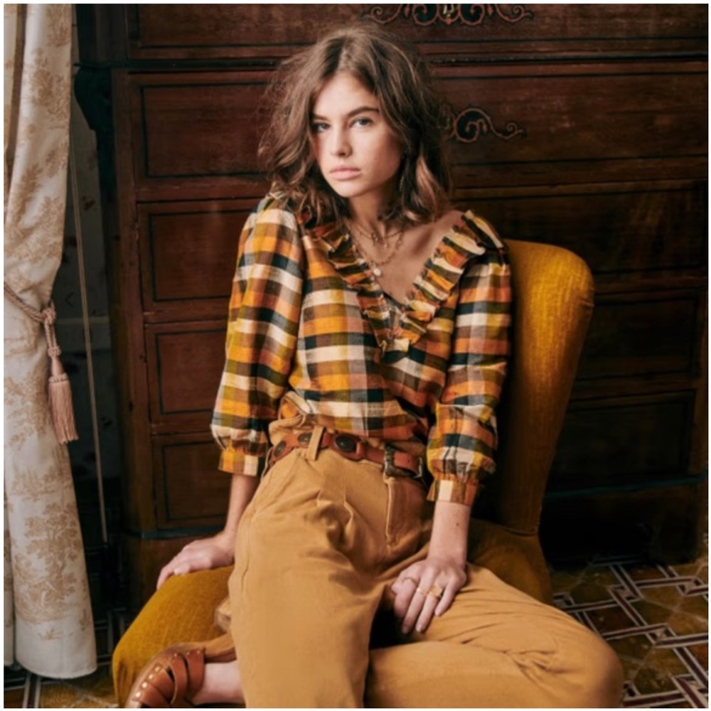 Sezane Urban silk taffeta checkered blouse FR36/US 4 all the autumn vibes!!